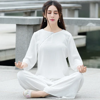 

2019 natural linen fabric women yoga set chinese zen suit women breathable gym clothes sports wear lady tachi yoga set two piece