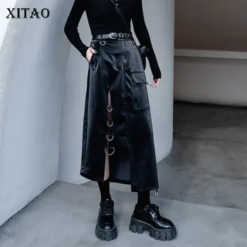 

XITAO High Waist Skirt Irregular Split 2020 Autumn Elegant Pocket Minority Solid Color Loose Small Fresh Casual Skirt ZP3661