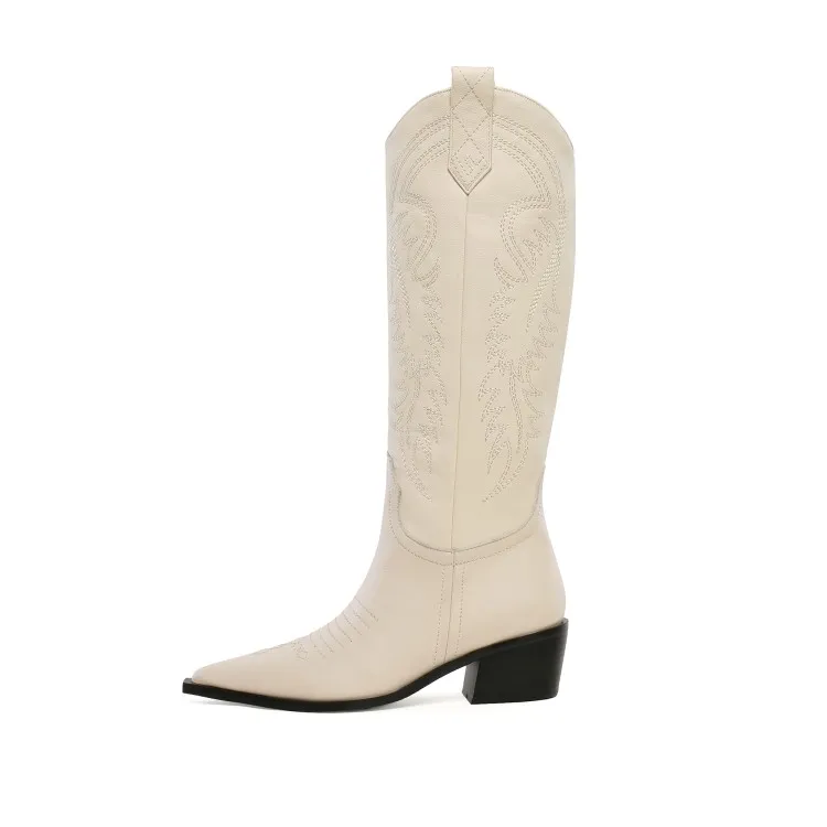Prova Perfetto классические вышитые ковбойские сапоги Вестерн для женщин кожаные женские ковбойские ботинки обувь на низком каблуке женские сапоги до колена - Цвет: white