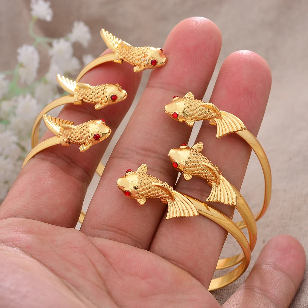 

4pcs/lot Dubai Fish Bangles Gold Color Cuff Bangles For Women Bride Wedding Bracelet African Arab Fish Jewelry
