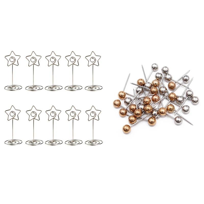 

400 Pcs Map Tacks Push Pins, 3/5-Inch Shining Plastic Sphere Head with Stainless Steel Point & 10 Pcs Metal Star Table Number Ph
