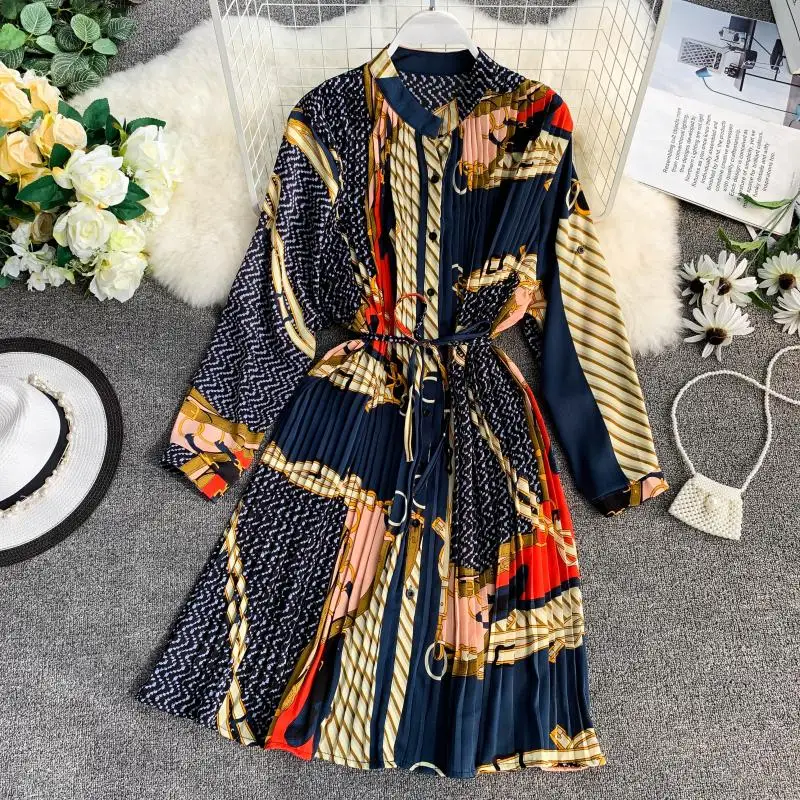 

Spring Ladies Urban Chiffon Loose Printed Pleated Dress Women Fashion Festival Three Quarter Lantern Sleeves Knee-length Dress