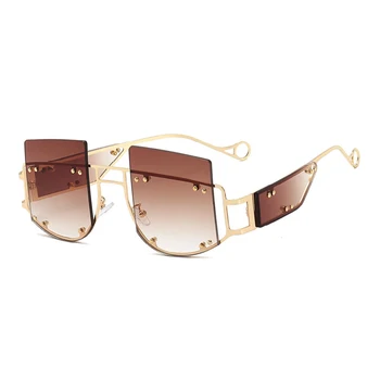 

Rimless Style Rihanna Glasses Women Vintage Rivet Square Big Frame Sunglasses Men Luxury Brand Designer Brown Pink Gradient