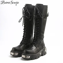 Knight Boots Platform Buckles Laces-Up Thick Heel Knee Motorcycle-Botas Leather Women