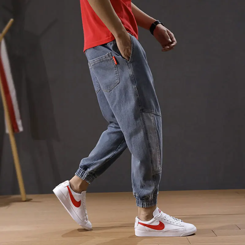 

Japanese Style Fashion Men Jeans Loose Fit Harem Pants Spliced Designer Denim Cargo Pants Slack Bottom Hip Hop Jeans Men Joggers