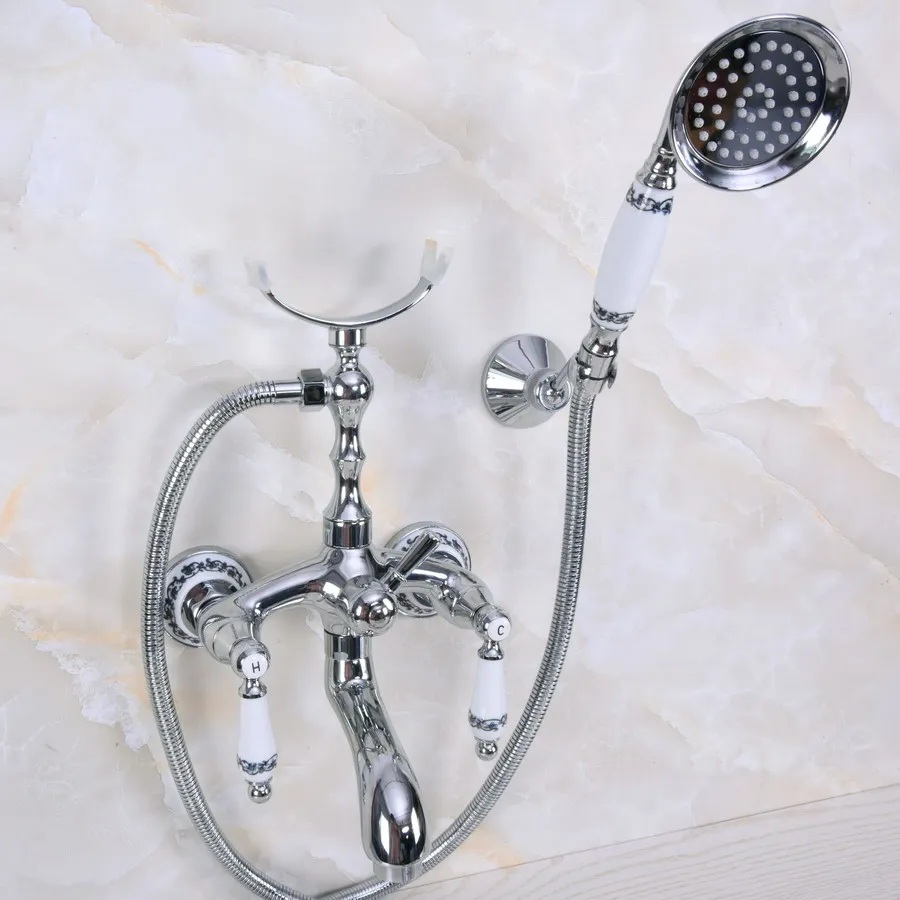 

Silver Chrome Brass Wall Mounted Bathroom Bath Tub Faucet Set WITH/ 150CM Handheld Shower Spray Head Mixer Tap Dna243