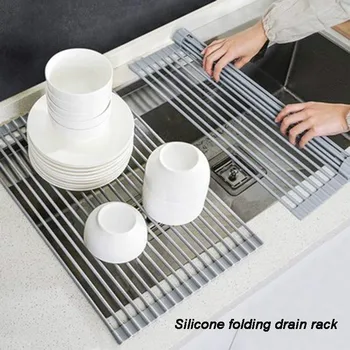 

Multifunction Silicone Kitchen Dish Drainer Foldable Bowl Drying Rack Kitchen Organizer Rack Over Sink Sponge Holder Tableware