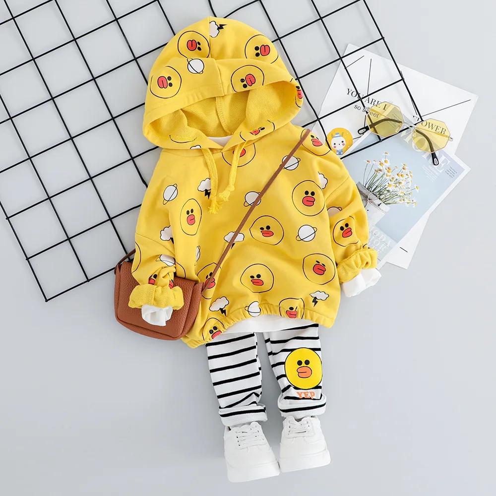 BO tiaowenya Yellow Комплекты детской одежды одежда для маленьких девочек костюмы для младенцев Осенняя футболка с капюшоном и рисунком штаны в полоску спортивный костюм для малышей - Цвет: BO tiaowenya Yellow
