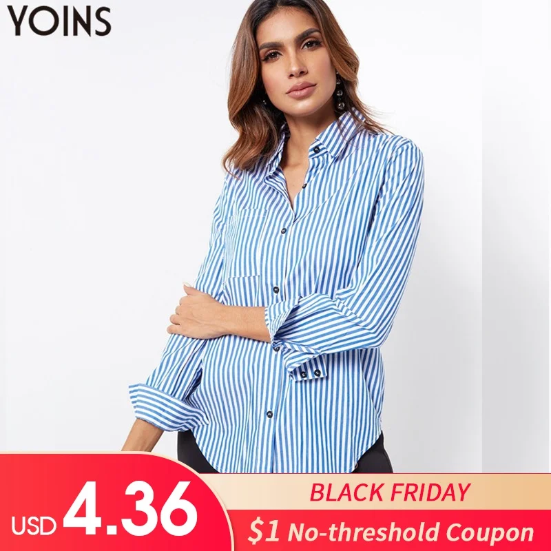 

YOINS Women Stripe Turn-Down Collar Asymmetrical Pocket Long Sleeve Blouse 2019 Female Elegant Shirts Casual Loose Tops Blusas