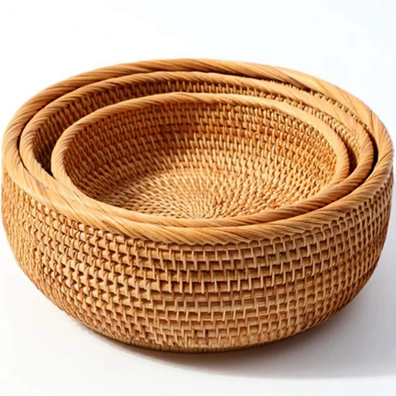 Горячее предложение XD-Hadewoven круглая корзина для фруктов из ротанга плетеный поднос для еды Плетеный держатель для хранения обеденная чаша(набор 3 размеров