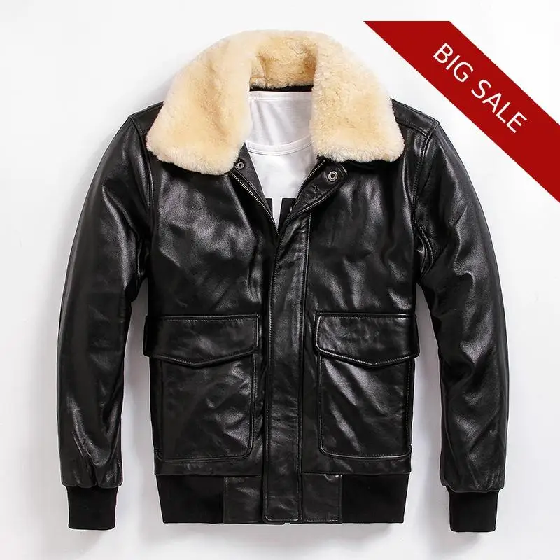

2020 Black Men USAF Pilot Leather Jacket Wool Collar Europe Plus Size XXXL Genuine Sheepskin Military Flight Coat
