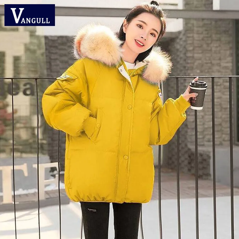 Цвет: желтый Vangull/плотные длинные пуховые пальто с меховым капюшоном, женские повседневные теплые хлопковые пальто с длинными рукавами и цветной шляпой, с хлопковой подкладкой - Цвет: Цвет: желтый