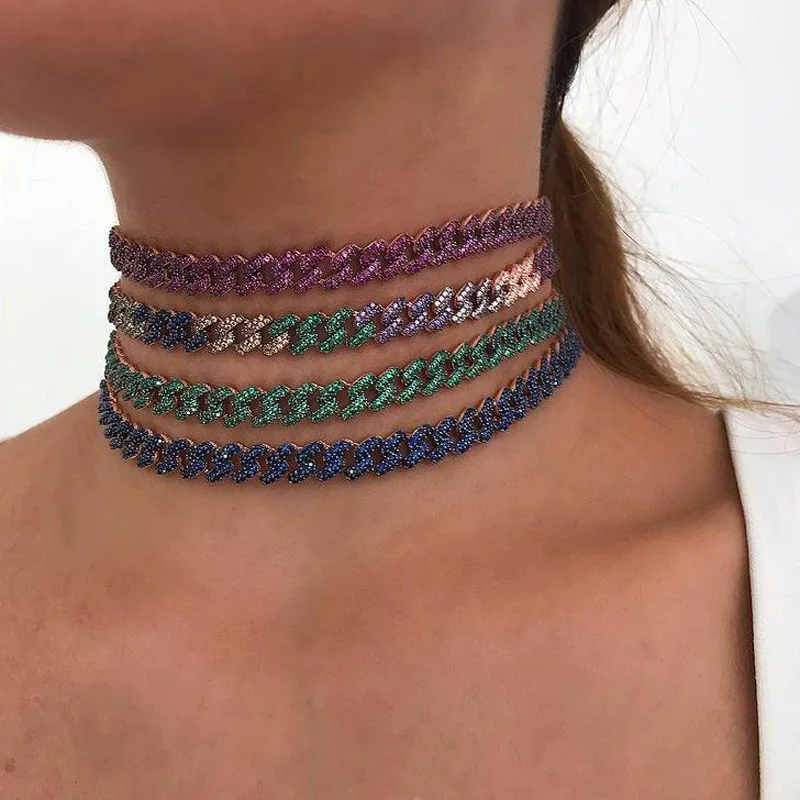 New 8mm Rainbo CZ Iced Out Hiphop Bling Miami Curb Cuban Link Chain Necklace For Women Rock Adjust Size Choker Jewelry | Украшения и