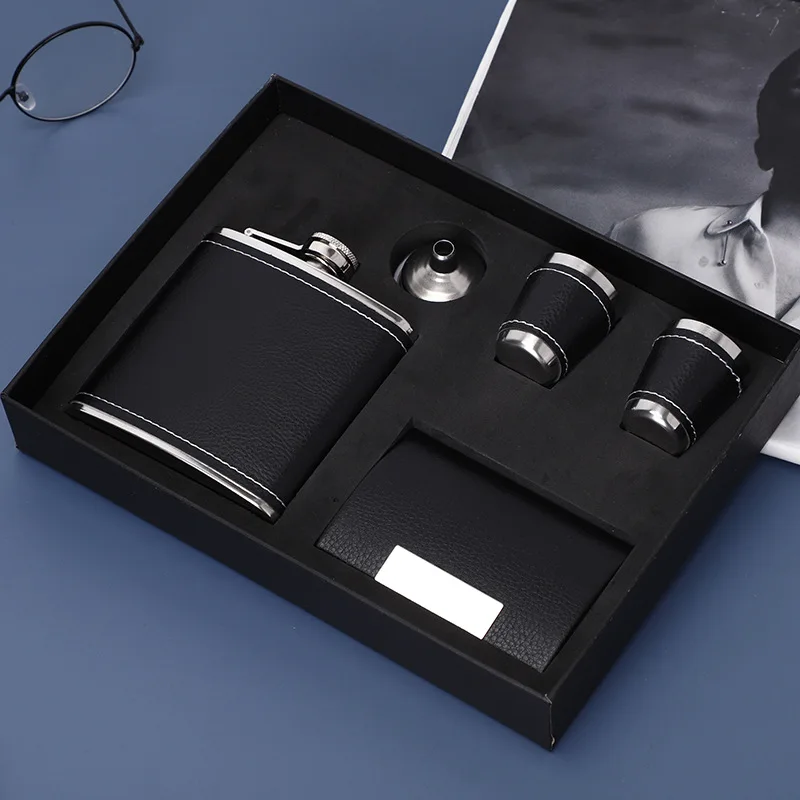 6OZ Portable Flagon Hip Flask set with 2 cups funnel cigar box black for Whiskey Vodka Wine Pot Alcohol gift Drinking Bottle