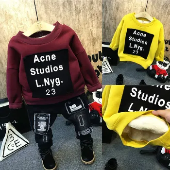 

2PCS WLG boys winter clothing set kids velvet thick letter hoodie and ripped jean set baby boy warm clothes 2-7 years