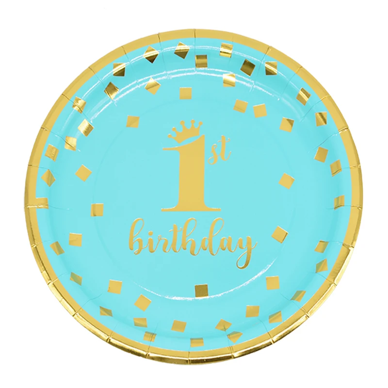 8pcs 23cm plate blue Первый с днем рождения одноразовый набор посуды розовый синий тарелка соломинки салфетки чашка для детского душа 1 год День Рождения Декор - Цвет: 8pcs 23cm plate blue