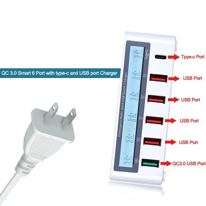 6 портов USB зарядное устройство Быстрая зарядка QC 3,0 SLCD дисплей зарядная станция Док-станция для samsung мобильного телефона+ type-C зарядное устройство концентратор адаптер
