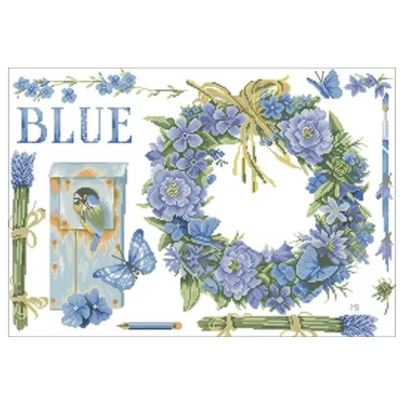 

Blue wreath and bird patterns Counted Cross Stitch DMC 11CT 14CT 18CT DIY Chinese Cross Stitch Kits Embroidery Needlework Sets