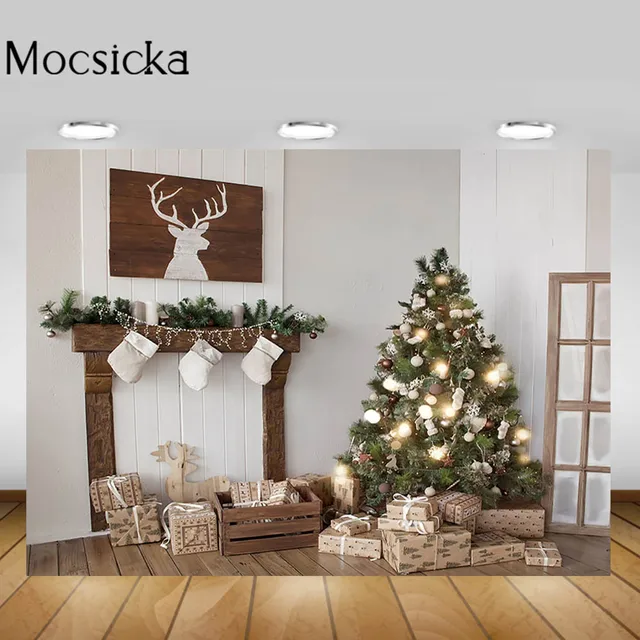 Mocsicka Christmas Living Room Backgrounds Christmas Tree Fireplace Garland Xmas Backdrop Decorations Newborn Photography Props Style-20