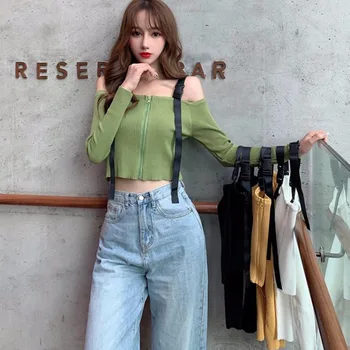 

Women Sweater Sexy Slash Neck Sling Crop Knit Tops Female Long Sleeve short section Sweaters Knitwear