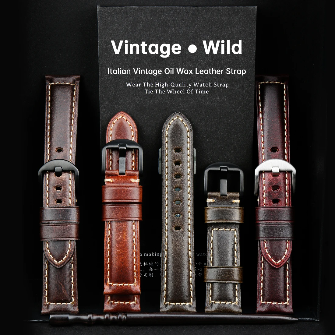 Handmade Vintage Oil Wax Leather Blue Watch Strap with Black Buckle