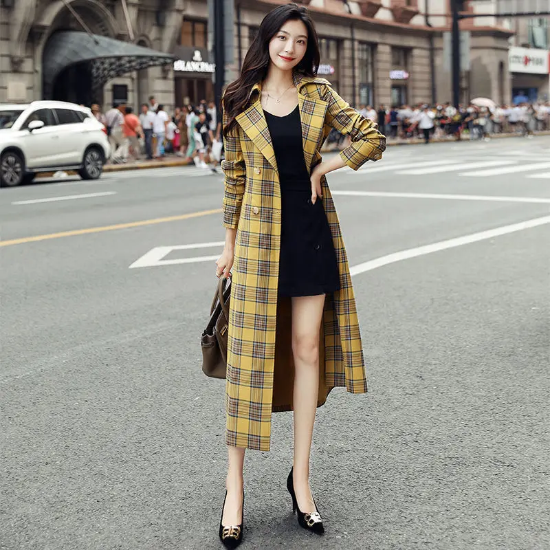 

2023 Autumn Women Casual Trench Coat Yellow Plaid Print Vintage Windbreaker With Belt Female Slim Long Outwear Women's Coats