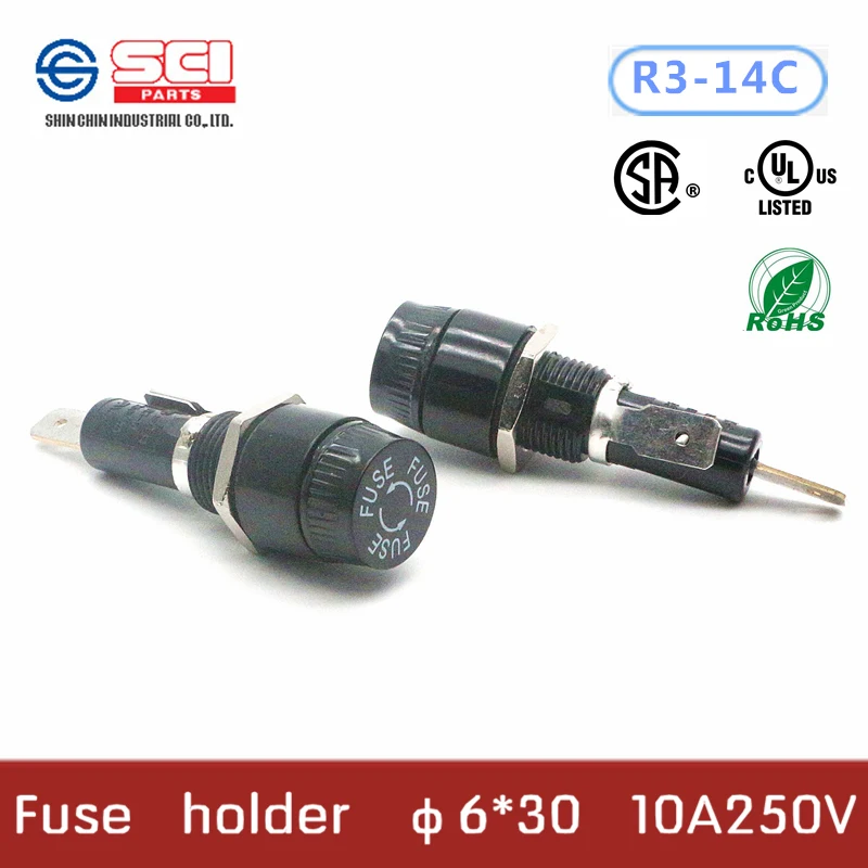 

R3-14C/Taiwan SCI Fuse Holder/phenolic (UL flame:94V-1)/ 10A 250V 6*30mm/fuseboxes/2pcs in pack/no fuse inside