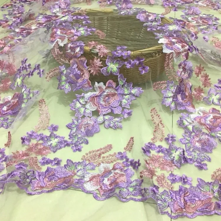Мягкий розовый/желтый/фиолетовый цветок вышитый гипюр кружевной ткани платье