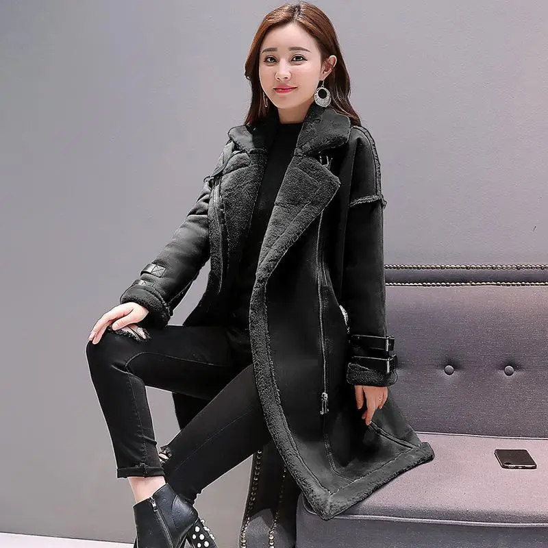 Пальто из искусственного меха, шерстяное пальто, Женское зимнее длинное пальто, меховое пальто из овечьей шерсти, замшевое стеганое шерстяное пальто, женская верхняя одежда - Цвет: black