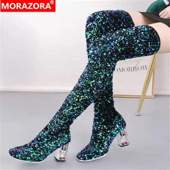

MORAZORA big size 48 slim Elastic boots women sequin crystal high heel party prom shoes autumn winter over the knee boots woman