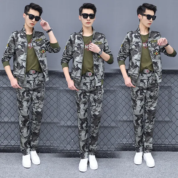 Men Grey 3pcs Set Камуфляжный спортивный костюм, женская одежда, комплект из трех предметов, Vetement Femme, камуфляжная куртка+ футболка+ штаны, комплект, уличная одежда для женщин - Цвет: Men Grey 3pcs Set