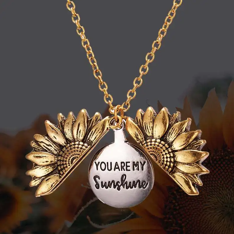 Vintage Sunflower Pendant Necklace Bohemia Double-layer Metal Engrave letter Round Open Long Chain Necklace Women Jewelry Gift