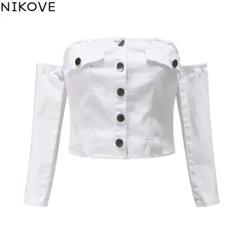 

NIKOVE 2019 Tops Fashion Tube Top Denim Off-shoulder Women Tops Button Sexy High Waist Women's Clothing Size XS-L