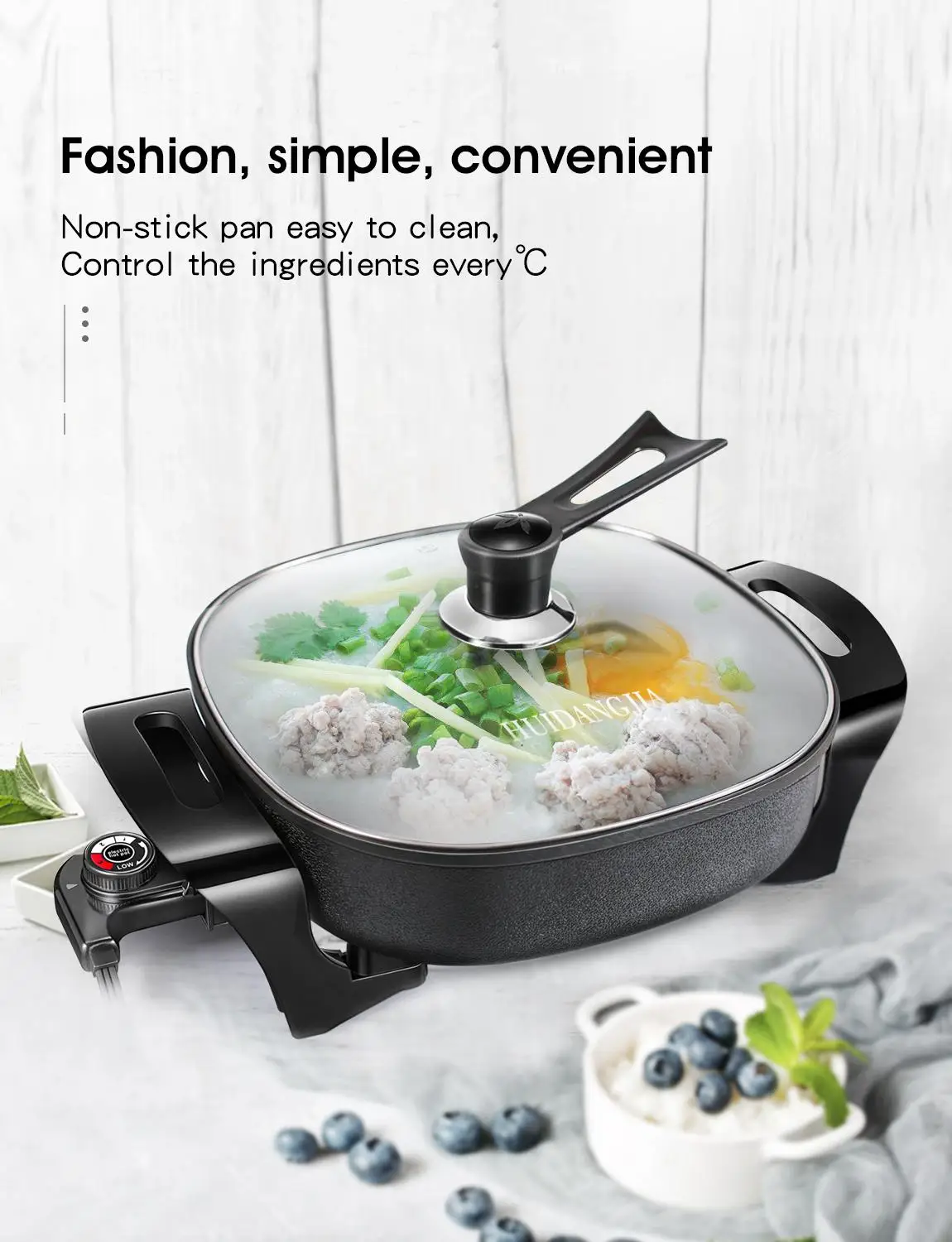 HUIDANGJIA Electric Skillet Non Stick Electric Frying Pan, 12 Inch Electric Griddle with with Glass Lid 1360 watts,16" x 12"