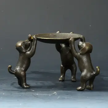 

Collectible Decorated Old Handwork Bronze Carved 3 Dogs Climb Plate Candle Stick