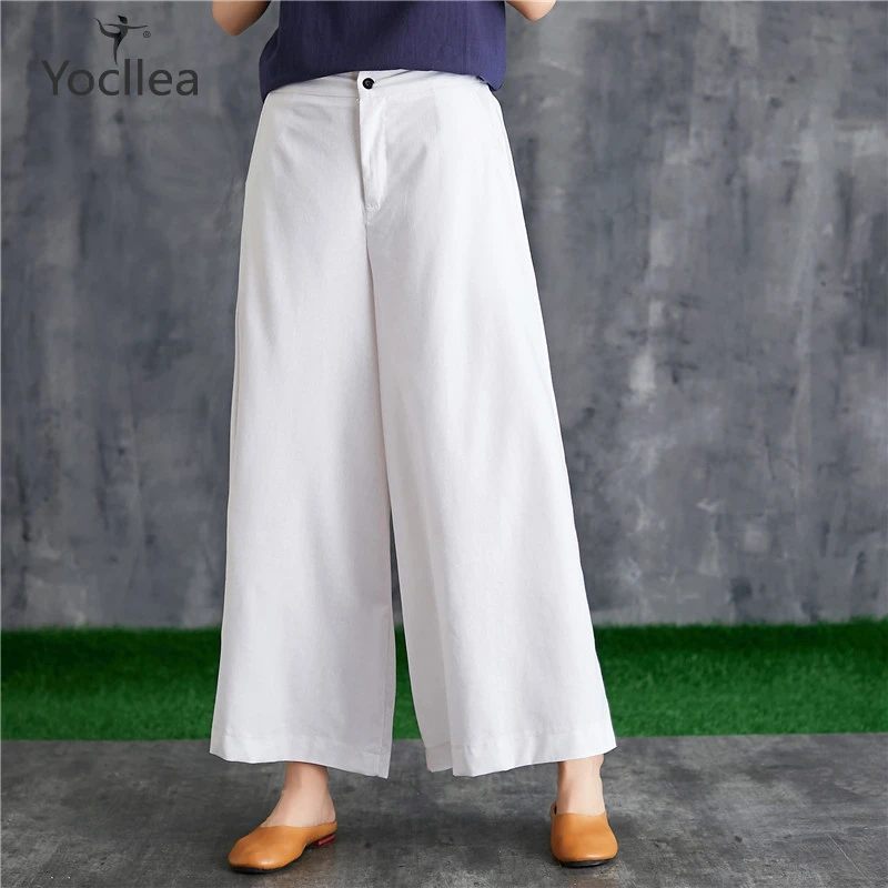 

Cotton Linen Wid Leg Pants Spring Autumn slim Elastic Waist Long Trousers Solid Thin Loose Plus size Beach Casual women Pants