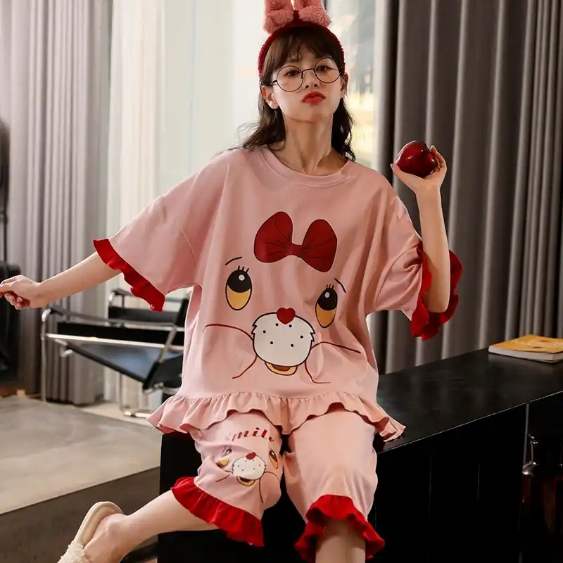春と夏新甘くかわいい半袖7分丈ズボンパジャマ韓国カジュアル女子学生ホームサービススーツ パジャマセット Aliexpress