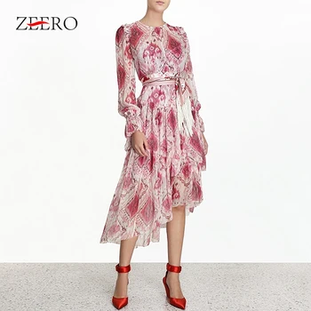 

Summer Women Runway Printed Asymmetrical Cascading Ruffles Midi Dress Elegant Female Vintage Sexy Silk Party Dresses Vestidos