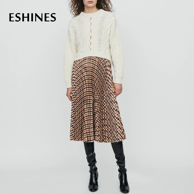 

ESHINES High Quality Autumn Midi Pleated Skirt England Style Elastic Waist Color Plaid Skirt Runway Designer Chic Skirt