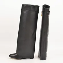  Genuine Leather Shark Lock Boots Metal Decor Belt Knee High Botas Mujer Wedges Women's Shoes Ladies High Heel Knee Boots Female 