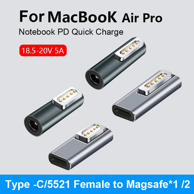 High Quality Magnetic USB C Adapter Type C to Magsaf* 2 /DC5521 to magsaf1 Connector PD Quick Charge Adapter For MacBook Air/Pro