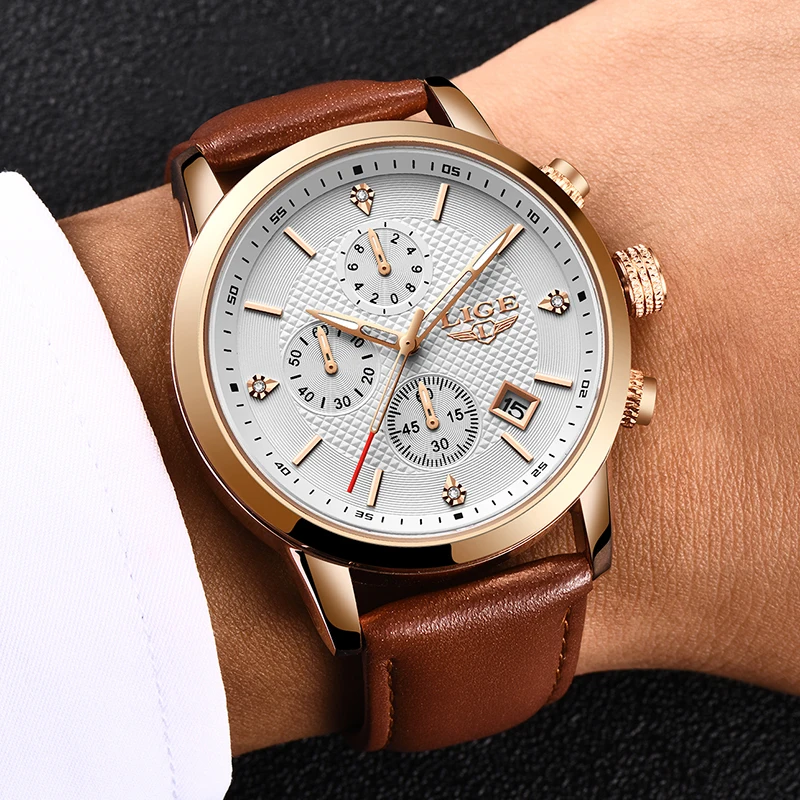 2020 LIGE Mens Watches Top Brand Luxury Leather Chronograph Male Waterproof Sport Date Quartz Watch Men Gift Relogio Masculino