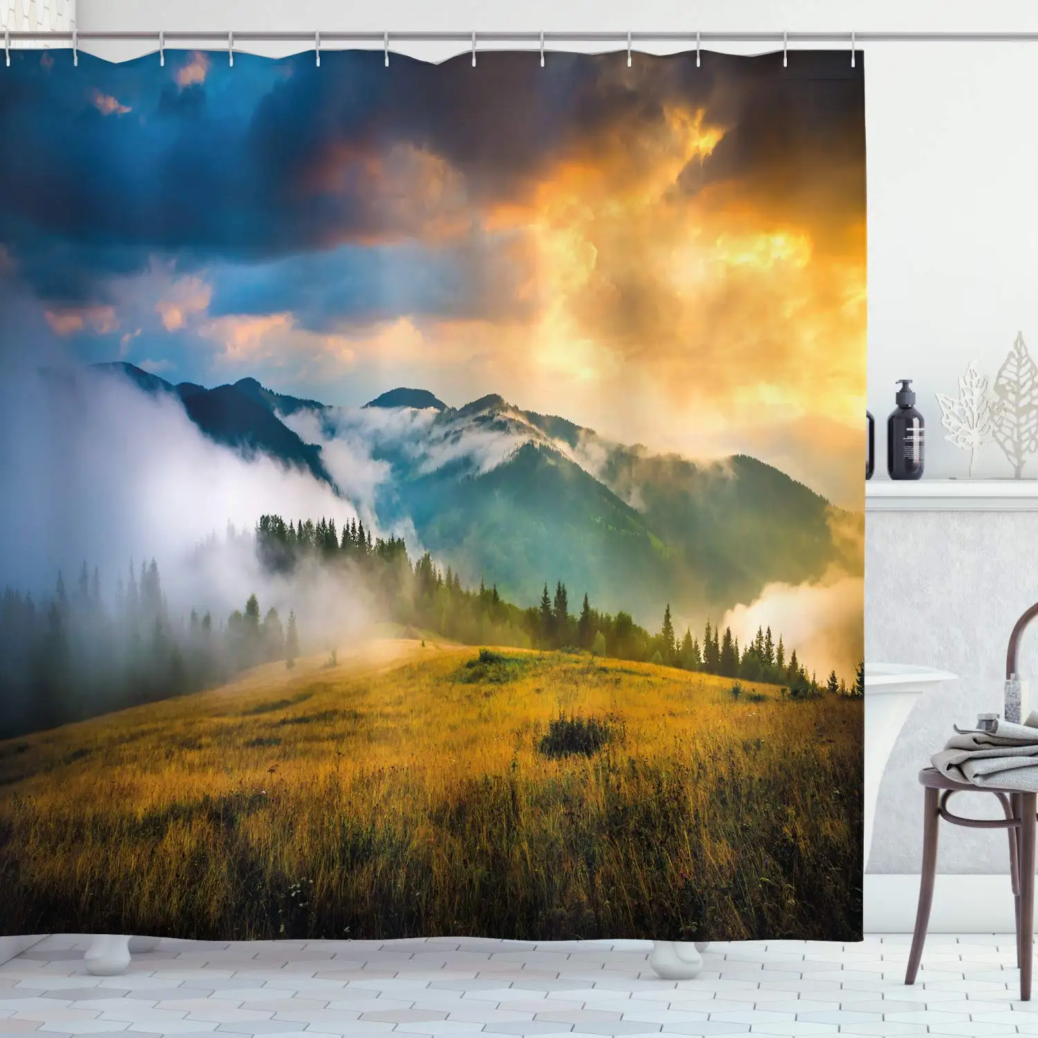 

Landscape Shower Curtain, Rural Scenery Sunrise Misty Mountains Clouds Trees Wildgrass Field Photo, Cloth Fabric Bathroom Decor