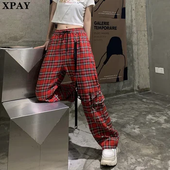 

Fashion Hip Hop Female Trousers With Chain Women Streetwear Red Ins Loose Straight Pants Harajuku Punk Plaid Pants Autumn 2020