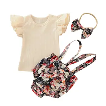 

Newborn Baby Girls Flare Sleeve T-shirt + Floral Print Suspender Shorts + Headband Kit Baby's Sets