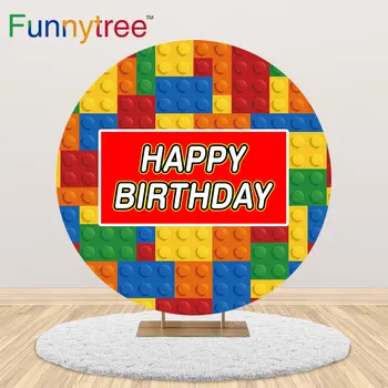 

Funnytree Round Backdrop Birthday Colorful Building Blocks Tetris Photography Background Computer Print Child Party Tablecloth
