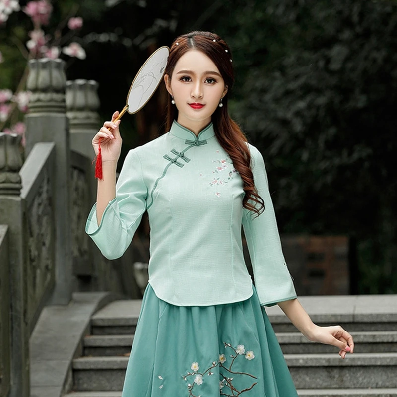 Традиционное Ципао антикварная вышивка модный костюм Тан cheongsam топы улучшенные Ретро чайное платье костюм Тан Женская тонкая рубашка