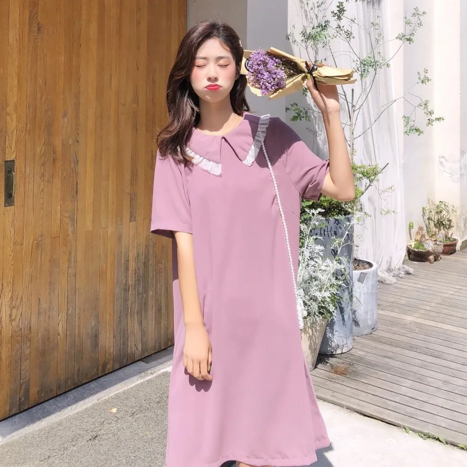 

Photo Shoot INS Elegant Ol Chiffon Lotus Pink Mid-length Lace Edge Peter Pan Collar Loose-Fit College Style A- line Dress