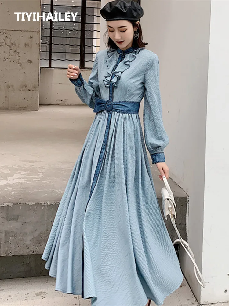 

TIYIHAILEY Free Shipping New Fashion Long Lantern Sleeve Cotton Dresses WIth Belt Women Long Maxi S-2XL Vintage Ruffles Striped