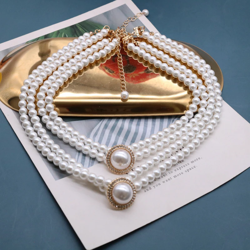Retro Elegant Necklace Glass Pearls Double Choker Rhinestone Glitter Wedding Party Decoration Wholesale | Украшения и аксессуары